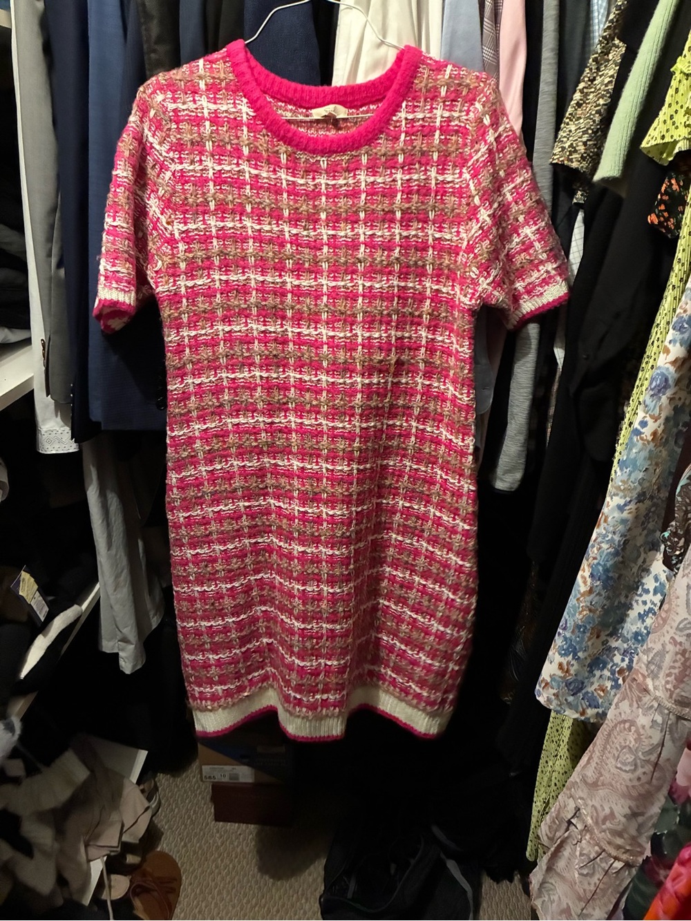 Pink Tweed Short-Sleeve Sweater Dress